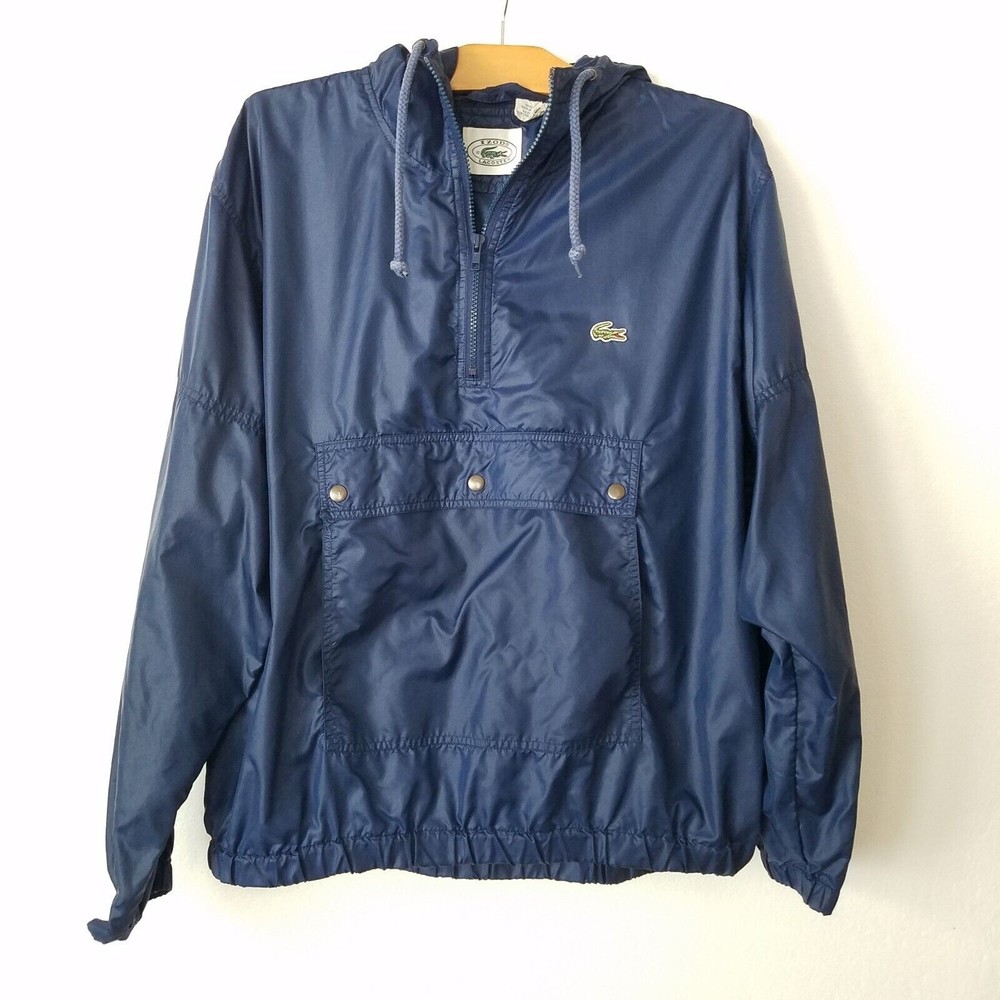 VTG Izod Lacoste Anorak Pullover Windbreaker Hooded Rain Jacket L Blue Croc Logo